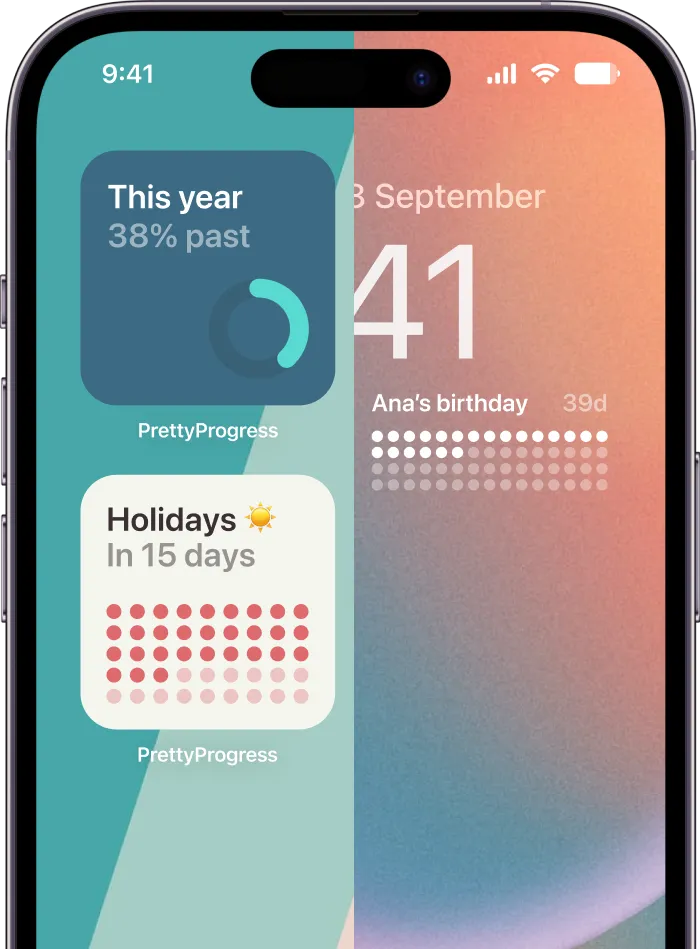 iPhone showing widgets with the percentage of the year that has passed