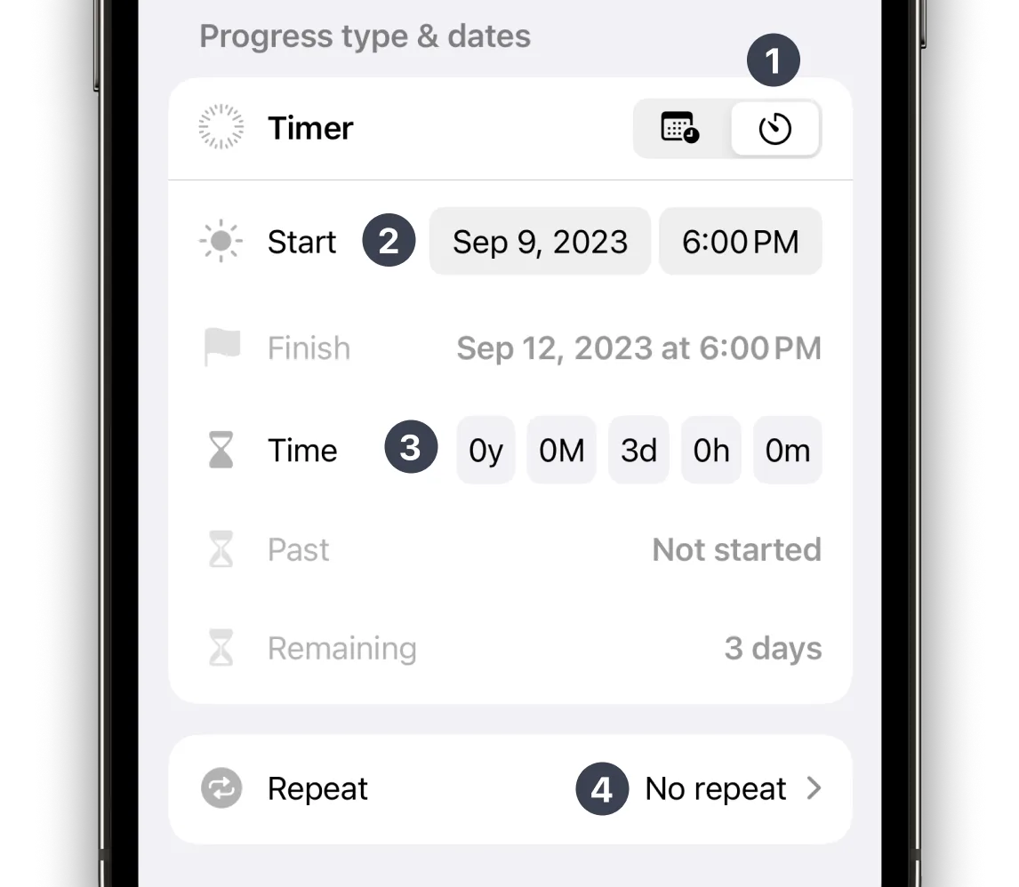 A close view showing details of how to set up a countdown fasting widget on Pretty Progress with steps