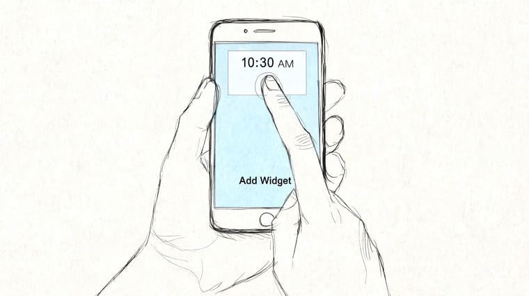 A hand interacting with a smartphone screen showing a digital clock widget and an add widget button.