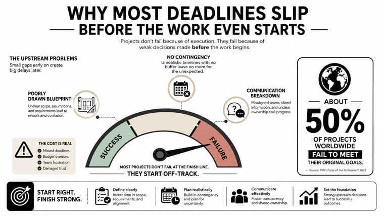An infographic titled Why Most Deadlines Slip, explaining how poor planning leads to project failure and missed goals.