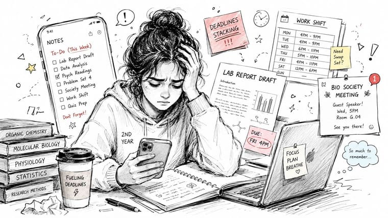 A stressed student surrounded by a pile of textbooks, schedules, and digital notes struggling with time management.