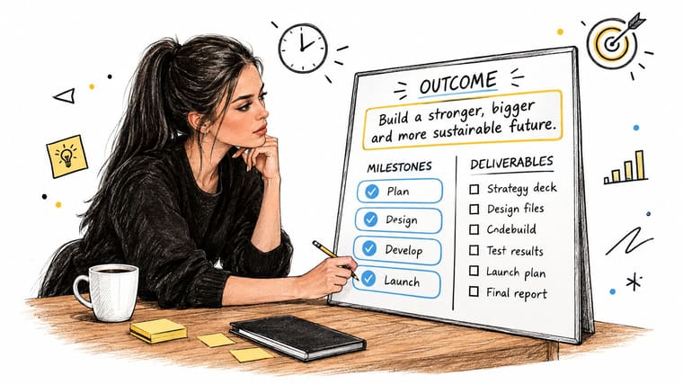A woman sketching a project timeline on a whiteboard with milestones and deliverables listed clearly.