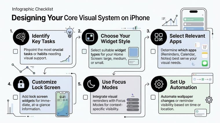 An infographic checklist guiding users on how to design a core visual system on their iPhone.