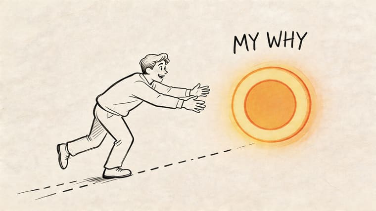 A sketched illustration of a happy person running along a dotted line toward a glowing golden goal.