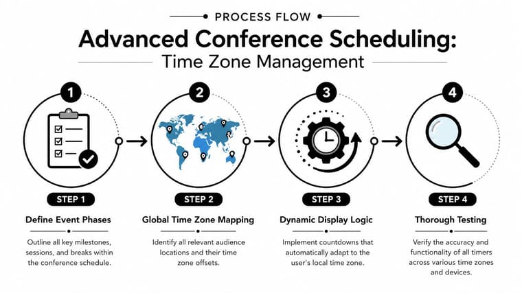 A four-step infographic illustrating the process for managing time zones in advanced conference scheduling systems.