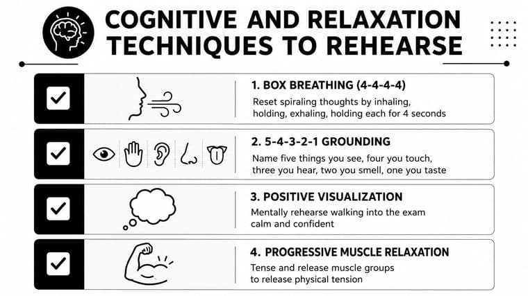 A list of four cognitive and relaxation techniques for managing exam stress, including breathing and grounding exercises.