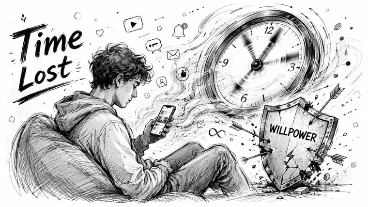 A charcoal drawing of a person absorbed in their phone with a clock and willpower shield symbol.