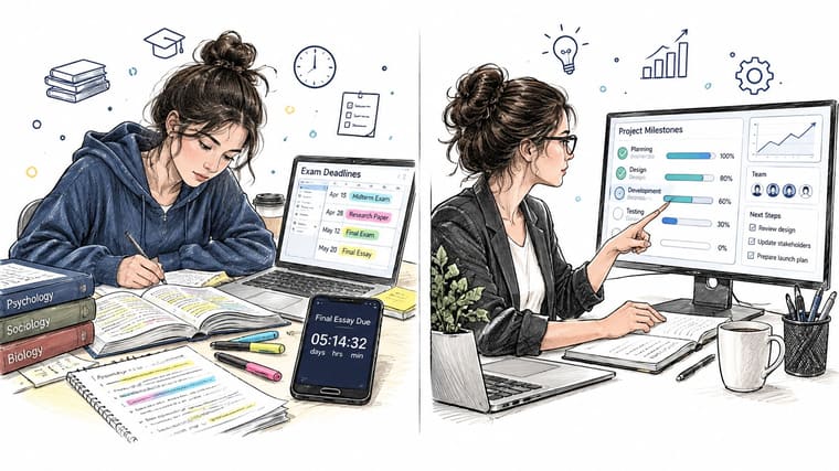 A split-screen illustration showing a student studying with a countdown timer and a professional managing project milestones.
