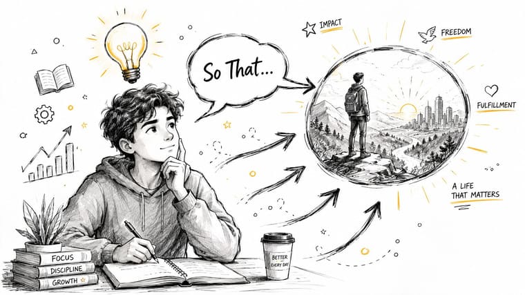 A student focused on personal development and growth visualizing future success, freedom, and a life of impact.