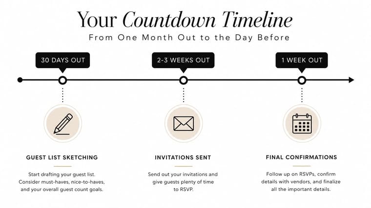 A timeline graphic showing wedding or party planning steps from one month out to one week before.