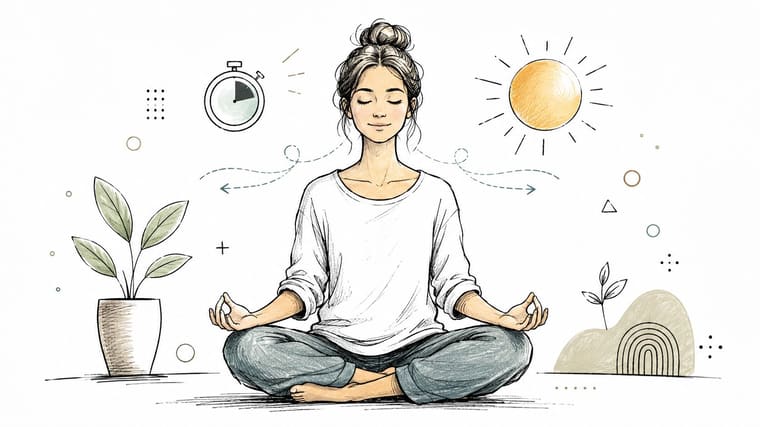 A line art illustration of a woman meditating with a plant, sun, and timer, representing wellness.