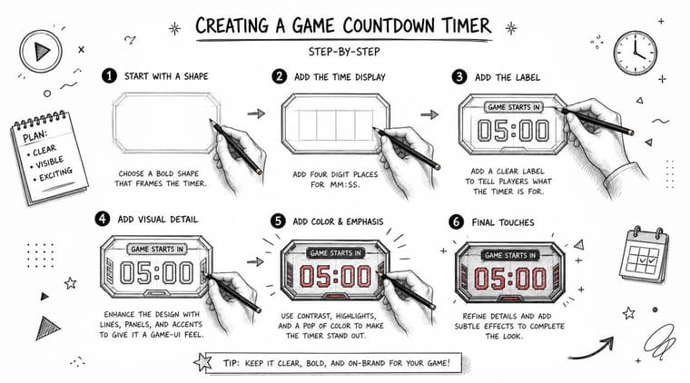An illustrated step-by-step guide on how to design a digital game countdown timer for gaming interfaces.