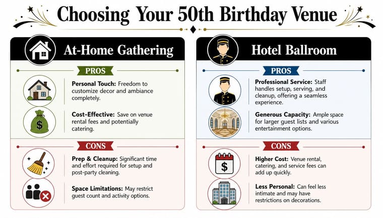 A comparison infographic showing pros and cons of hosting a 50th birthday party at home versus a hotel.