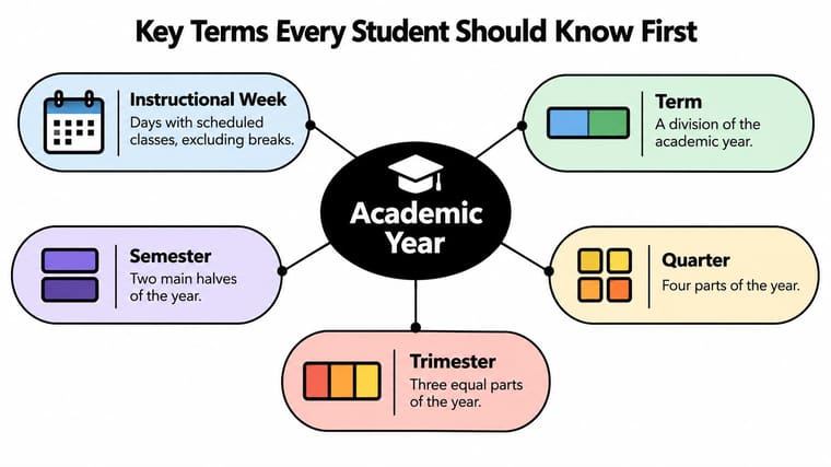 A diagram defining academic year terminology like instructional week, semester, trimester, quarter, and term for students.