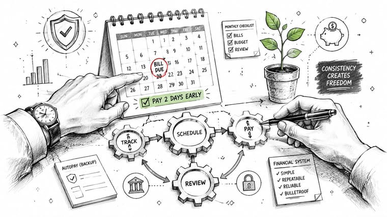 A hand-drawn illustration depicting a financial planning system featuring a calendar, gear icons, and a checklist.