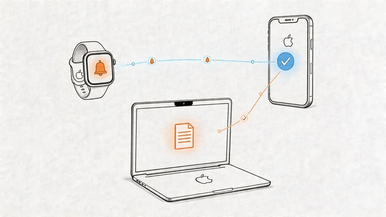 A digital illustration showing notifications syncing between an Apple Watch, a laptop, and an iPhone.
