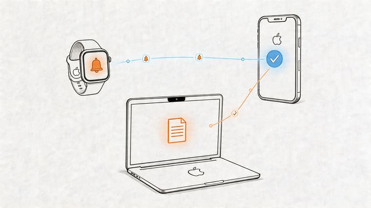 A digital illustration showing notifications syncing between an Apple Watch, a laptop, and an iPhone.