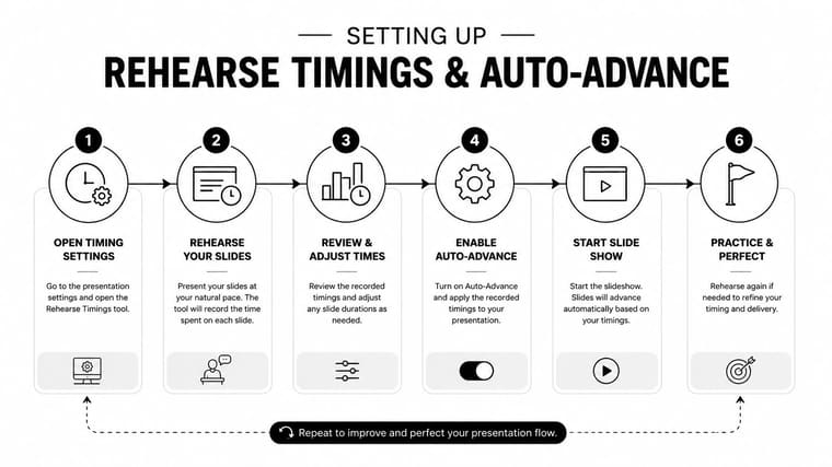 A flowchart showing six steps for rehearsing timings and enabling auto-advance in PowerPoint presentations.