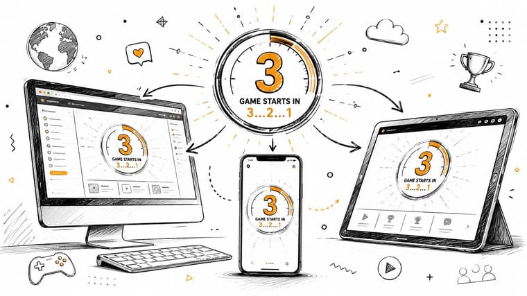 A conceptual illustration showing a countdown timer synchronizing a computer, smartphone, and tablet for a game release.