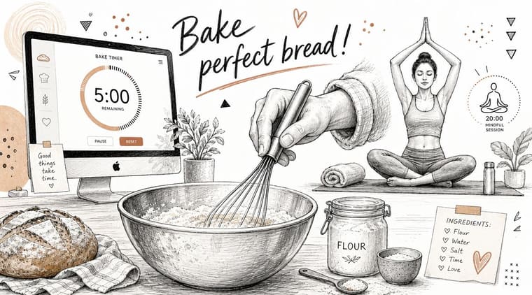 A pencil sketch style illustration showing a computer timer, mixing bowl, ingredients, and a woman meditating.