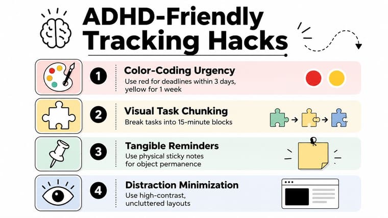An infographic titled ADHD-Friendly Tracking Hacks featuring four simple strategies for managing tasks and daily productivity.