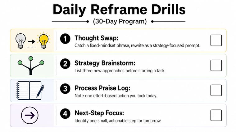 A visual guide for a 30-day growth mindset program listing four daily reframe drills with check-boxes.