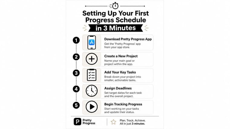 An infographic showing a five-step process to set up a progress schedule in three minutes using an app.