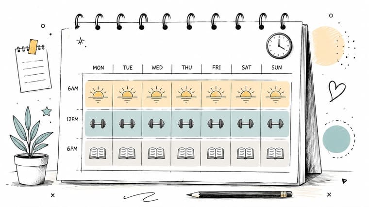 A hand-drawn calendar on a desk with daily icons for morning sunrise, midday exercise, and evening reading.