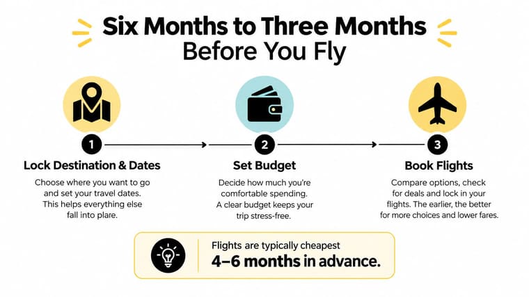 A travel planning infographic showing three steps to book flights between six and three months before flying.