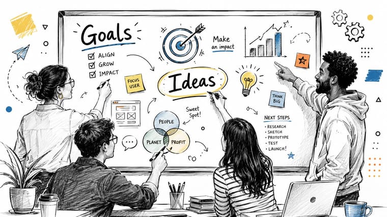 A diverse group of professionals collaborating on a whiteboard during a strategic business goal setting session.
