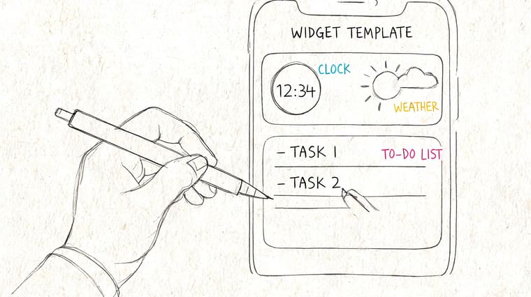 A hand drawing a digital mobile phone interface sketch titled widget template on a piece of paper.