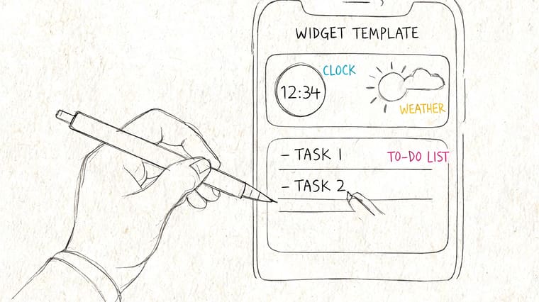 A hand drawing a digital mobile phone interface sketch titled widget template on a piece of paper.