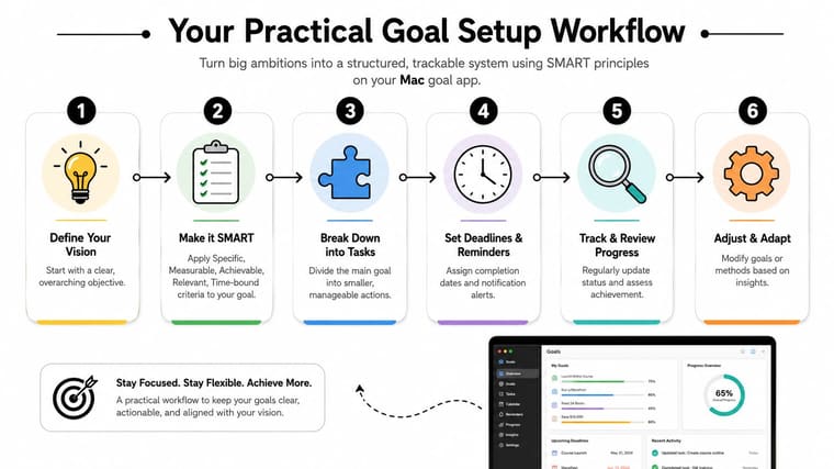 A workflow diagram showing six steps for setting and achieving goals using a Mac goal setting application.