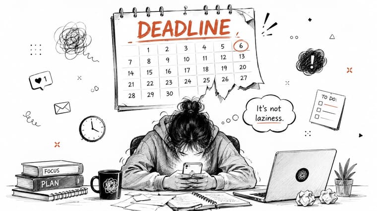 A person feeling overwhelmed by deadlines and procrastination while staring at their smartphone at a messy desk.