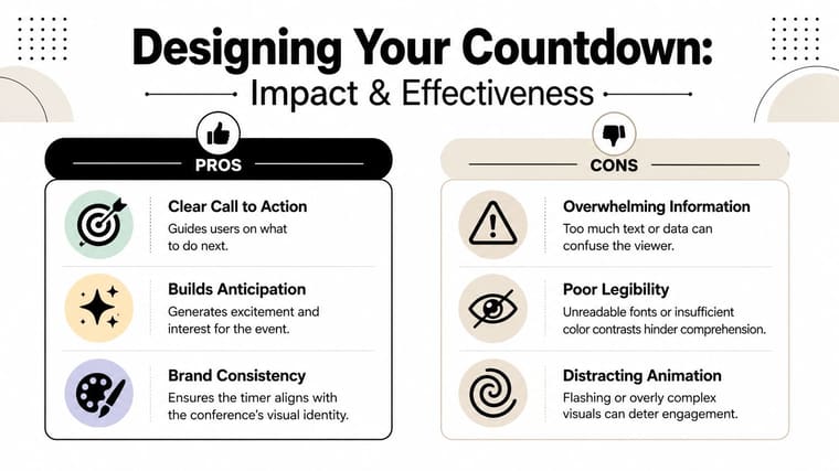 An infographic comparing the pros and cons of using countdown timers for professional conference event design.