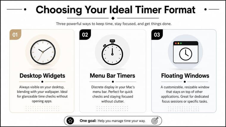 An infographic showing three ways to use a timer on a Mac: desktop widgets, menu bar, and floating windows.