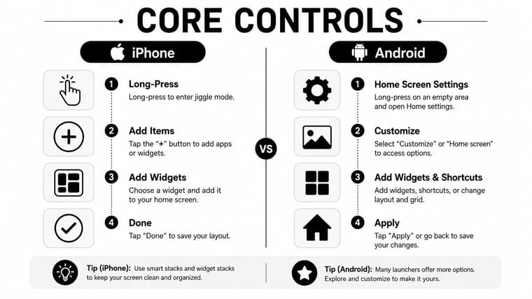 A comparison infographic showing the steps to customize the home screen on iPhone and Android devices.