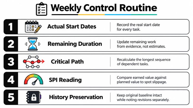 A weekly control routine checklist for managing project tasks, timelines, and monitoring progress effectively.