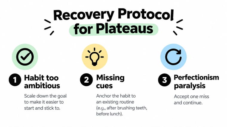 A visual guide titled Recovery Protocol for Plateaus listing three tips to overcome habit plateaus effectively.