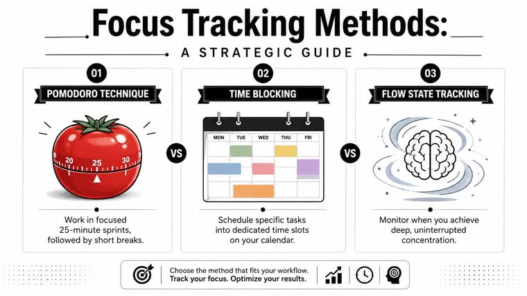 A strategic infographic comparing three focus tracking methods: Pomodoro technique, time blocking, and flow state tracking.