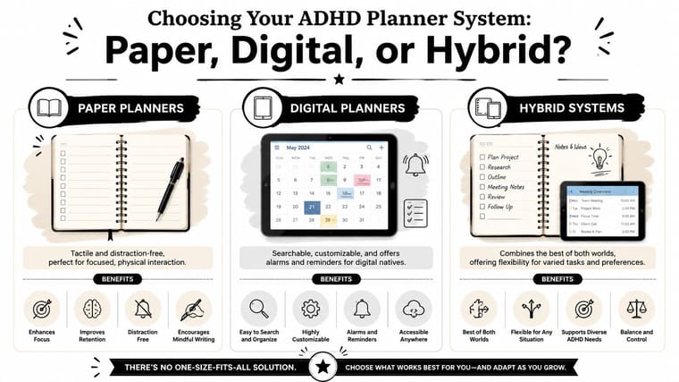 A guide comparing paper, digital, and hybrid planner systems to help individuals with ADHD find their ideal tool.