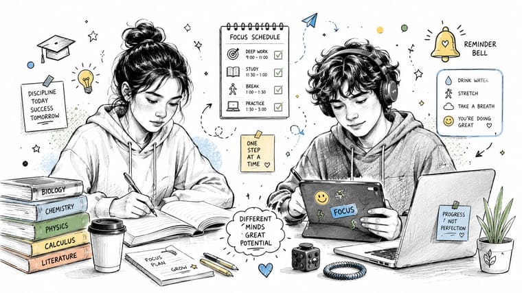 Two students studying together with books, a laptop, and a focus schedule on a desk.