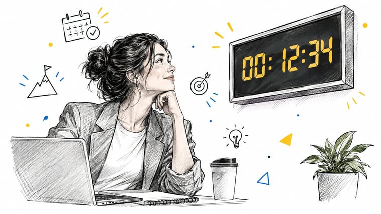 A professional woman looking thoughtfully at a digital clock showing a countdown timer in an office setting.