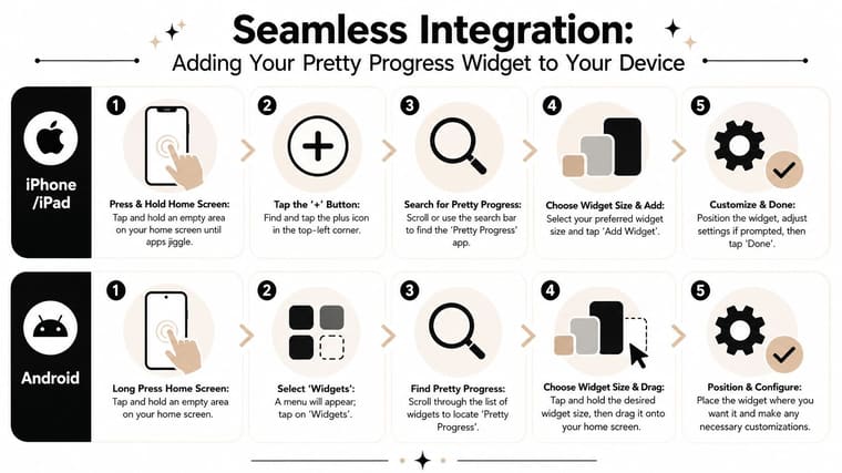 An infographic showing step-by-step instructions for adding the Pretty Progress widget to iPhone and Android devices.