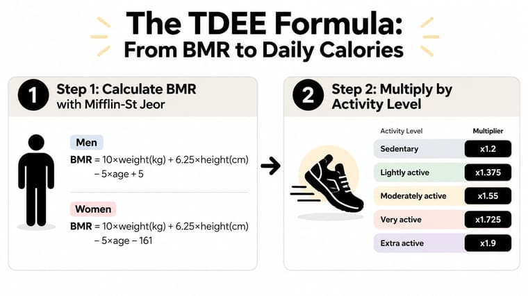 An infographic showing the Mifflin-St Jeor formula for calculating BMR and determining TDEE based on activity levels.