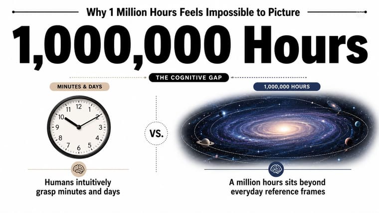 An infographic titled Why 1 Million Hours Feels Impossible to Picture comparing daily time with vast scales.