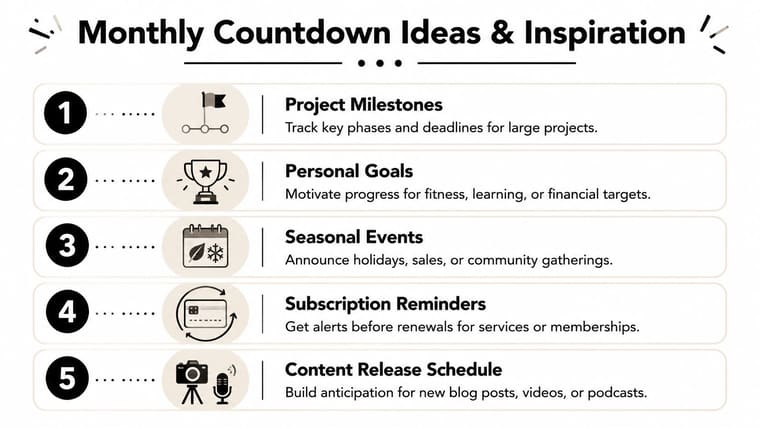 A list of five monthly countdown ideas including project milestones, personal goals, seasonal events, subscriptions, and content schedules.