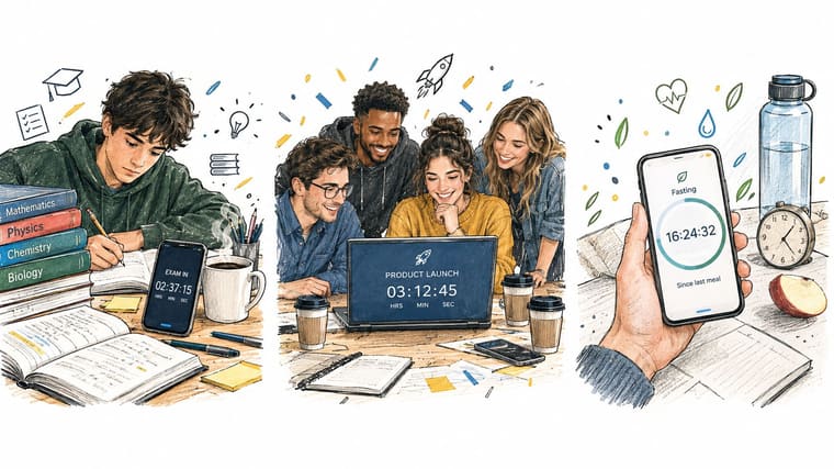 A triptych showing a student studying, a group launching a product, and a hand tracking fasting on a phone.