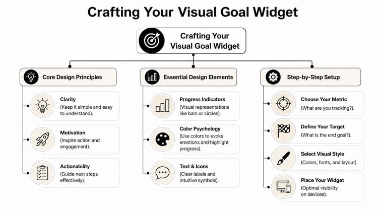 A flowchart titled Crafting Your Visual Goal Widget illustrating principles, elements, and setup steps for goal tracking.