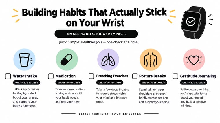 An infographic featuring five healthy micro-habits like water intake and breathing exercises designed for smartwatches.